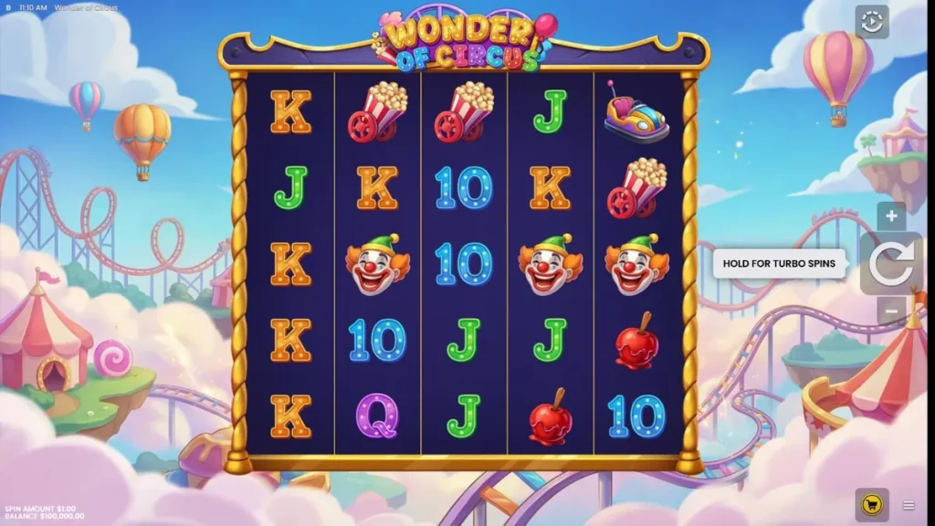 Tampilan layar utama slot Wonder of Circus dengan tema karnaval neon