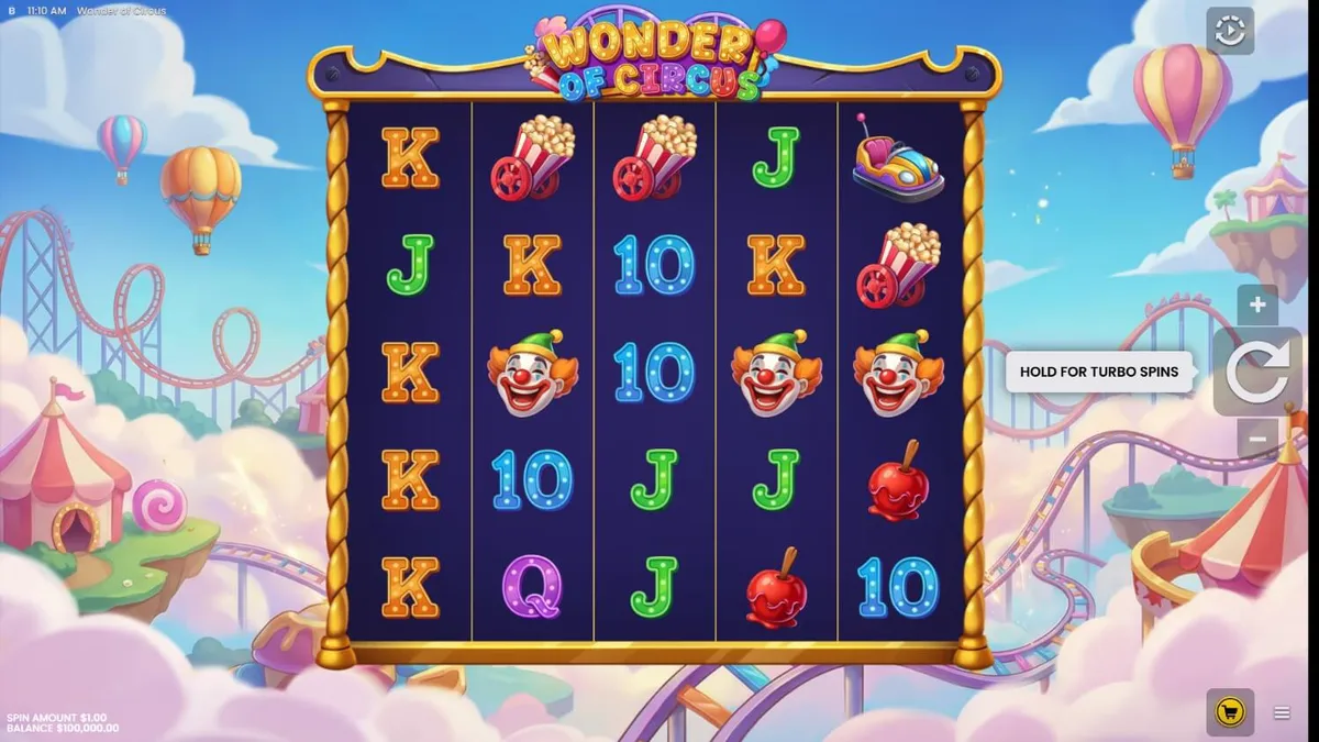 Tampilan layar utama slot Wonder of Circus dengan tema karnaval neon