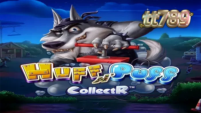 Tampilan visual slot Huff N' Puff CollectR dengan karakter babi dan serigala